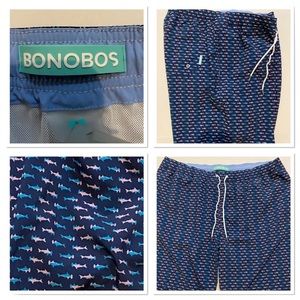 BONOBOS Mens Elastic Waistband Swim Trunks Hammer Shark Print Blue Mesh Lined XL